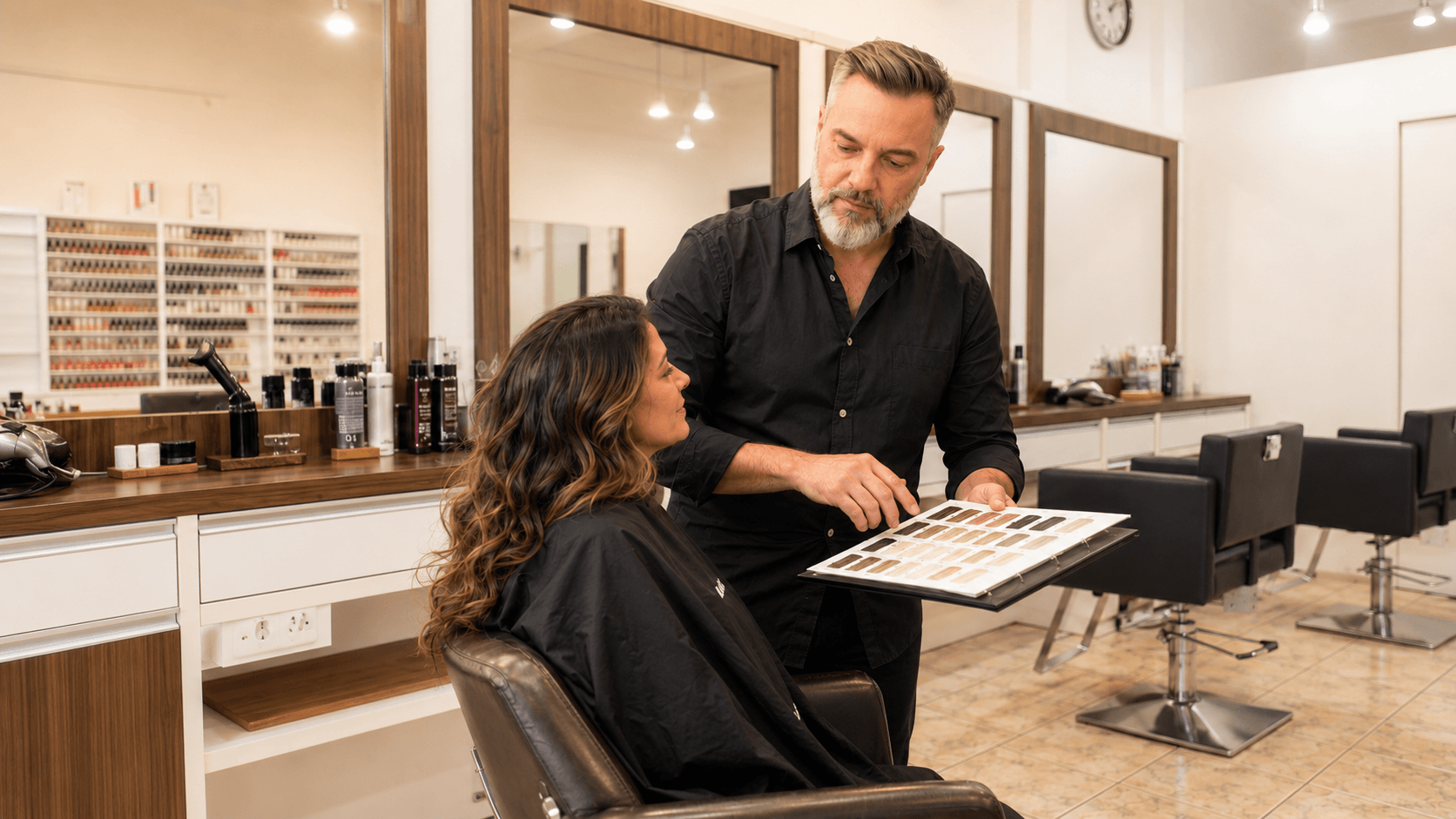 Profissional orientando cliente em atendimento personalizado no salão